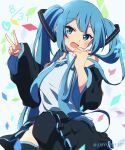  1girl :d black_skirt black_sleeves black_thighhighs blue_eyes blue_hair blue_necktie blush collared_shirt cowboy_shot dated detached_sleeves dot_nose frilled_shirt frills hair_between_eyes hand_up hatsune_miku head_tilt heart highres holding holding_hair knee_up long_hair long_sleeves looking_at_viewer necktie open_mouth oyu_yu_(pixiv_94462206) pleated_skirt raised_eyebrows shirt sidelocks skirt sleeveless sleeveless_shirt smile solo thighhighs twintails twitter_username v very_long_hair vocaloid white_shirt 