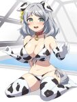  1girl @_@ animal_ears animal_print bell bikini breasts collar cow_ears cow_print ear_covers elbow_gloves fake_animal_ears fake_horns front-tie_bikini_top front-tie_top gloves green_eyes grey_hair highres hishi_miracle_(umamusume) horns horse_ears horse_tail indoors large_breasts looking_at_viewer medium_hair navel neck_bell open_mouth pataneet plump pool rei_no_pool round_teeth side-tie_bikini_bottom sitting solo swimsuit tail teeth thighhighs umamusume upper_teeth_only wariza white_bikini white_gloves white_thighhighs 