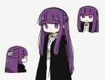  absurdres black_coat braided_scarf butterfly_hair_ornament coat collar cut_bangs dress expressionless fern_(sousou_no_frieren) frilled_collar frills hair_ornament highres hood hooded_coat long_coat long_dress long_hair long_sleeves looking_at_viewer pout purple_eyes purple_hair purple_scarf scarf sidelocks simple_background sousou_no_frieren straight_hair tokiwa_(914) white_dress 