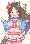  +_+ 1girl alternate_costume alternate_hairstyle animal_ears black_hair blush breasts cheerleader cosplay fang hekahire_isurus highres horse_ears horse_girl horse_tail large_breasts long_hair looking_at_viewer marvelous_sunday_(umamusume) midriff navel nice_nature_(run&amp;win)_(umamusume) nice_nature_(umamusume) nice_nature_(umamusume)_(cosplay) roar_yell!_tracen_academy_cheerleading_squad_(umamusume) simple_background solo tail translation_request umamusume white_background yellow_eyes 