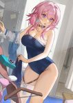  1girl bare_shoulders blue_one-piece_swimsuit blush breasts camera cleavage collarbone covered_navel gradient_eyes highres honkai:_star_rail honkai_(series) large_breasts looking_at_viewer march_7th_(honkai:_star_rail) multicolored_eyes one-piece_swimsuit open_mouth pink_hair red_cucumber sidelocks solo swimsuit thighs two-tone_eyes 