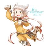  1girl :d animal_ear_fluff animal_ears anniversary aogaeru_(pixiv46613656) arm_up blush boots brown_eyes commentary_request dated fang feet_out_of_frame gloves grey_hair hair_ribbon highres jumpsuit knee_boots long_sleeves looking_at_viewer nia_(xenoblade) puffy_long_sleeves puffy_sleeves ribbon simple_background sleeves_past_wrists smile solo standing standing_on_one_leg white_background white_footwear white_gloves xenoblade_chronicles_(series) xenoblade_chronicles_2 yellow_jumpsuit yellow_ribbon 