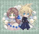  1boy 1girl aerith_gainsborough aqua_eyes arestear0701 armor black_footwear black_gloves blonde_hair blue_eyes blue_flower blue_ribbon blue_rose bridal_gauntlets brown_hair chibi cloud_strife dress dress_flower final_fantasy final_fantasy_vii final_fantasy_vii_ever_crisis final_fantasy_vii_remake floral_background flower furrowed_brow gloves gold_trim green_background green_eyes hair_between_eyes hair_flower hair_ornament hair_ribbon hakama highres holding holding_sword holding_weapon japanese_armor japanese_clothes katana long_dress official_alternate_costume own_hands_together parted_bangs ponytail ribbon rose see-through see-through_sleeves short_hair shoulder_armor smile spiked_hair standing sword tiara v_arms weapon white_dress white_flower white_sleeves 