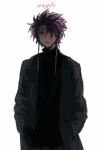  1boy black_gloves black_sweater coat earrings english_text engrish_text eyes_visible_through_hair gloves grey_coat hand_in_pocket highres jewelry long_sleeves looking_at_viewer male_focus open_clothes open_coat open_mouth purple_hair ranguage red_eyes saibou_shinkyoku simple_background sketch solo sweater theodore_riddle turtleneck turtleneck_sweater upper_body white_background zhuyi36063 