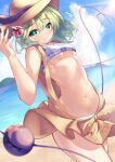  1girl absurdres beach black_ribbon blue_sky bow breasts closed_mouth cloud cloudy_sky commentary_request cowboy_shot crop_top dress flower green_eyes green_hair hair_between_eyes hand_up hat hat_flower hat_ribbon highres komeiji_koishi komeiji_koishi_(the_excited_eyes_of_love) light_blush looking_at_viewer mountain navel outdoors ribbon sand saniraku short_hair sky small_breasts solo stomach sun_hat swimsuit third_eye touhou touhou_lost_word underboob waist_bow water yellow_bow yellow_dress 
