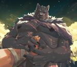  abs ambiguous_gender anthro big_muscles big_pecs blaidd_(elden_ring) canid canine canis cloak clothing duo elden_ring fangs fromsoftware fur gavel_(artist) grey_body grey_fur hand_on_stomach hi_res looking_at_viewer looking_down_at_viewer low-angle_view male male_focus mammal muscular muscular_anthro muscular_male pecs scar shirtless teeth wolf 