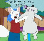  2023 animated anthro arcticsnow1 blue_hair cartoon_network clothing dialogue duo ed_edd_n_eddy felid feline feral fur hair hybrid male male/male mammal metal_(artist) metal_(character) overweight overweight_feral shirt squigglevision topwear vinzin_(artist) white_body white_fur 