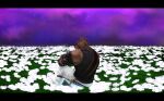  2023 absurd_res anthro brown_body brown_fur brown_hair clothed clothing felid final_fantasy final_fantasy_xiv flower flower_field fully_clothed fur grass hair hi_res hrothgar koudro letterbox looking_at_viewer male mammal melee_weapon orange_sclera outside plant purple_sky rear_view sitting sitting_on_ground sky smile solo square_enix star starry_sky sword weapon white_flower 