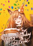 1girl :d ^_^ absurdres animal_ears arknights black_jacket blush brown_hair cake ceobe_(arknights) character_name closed_eyes commentary_request confetti diestren dog_ears eyebrows_hidden_by_hair facing_viewer fang food food_on_face hair_between_eyes happy_birthday hat highres holding holding_tray jacket long_hair long_sleeves party_hat puffy_long_sleeves puffy_sleeves simple_background smile solo tilted_headwear tray upper_body very_long_hair yellow_background 