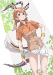  1girl blush brown_shirt collared_shirt commentary cowboy_shot extra_ears hair_between_eyes highres horns impala_(kemono_friends) impala_ears impala_girl jacket kemono_friends light_brown_hair miniskirt multicolored_hair pleated_skirt polearm safari_jacket shirt short_sleeves short_twintails skirt smile solo spear standing tanabe_(fueisei) twintails two-tone_shirt weapon white_skirt wristband 