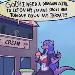  2023 anthro big_breasts bra breasts clothed clothing dessert dialogue dragon english_text female food hair horn ice_cream lennoxicon navel open_mouth public question_mark scalie smile speech_bubble tail text underwear yelling 