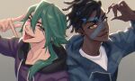  2boys absurdres aji_yuna black_hoodie brown_background brown_hair closed_mouth dark-skinned_male dark_skin dreadlocks earrings ekko_(league_of_legends) ezreal fang gradient_background green_hair green_hoodie hair_ornament hand_up heartsteel_ezreal highres hood hoodie jewelry league_of_legends long_hair long_sleeves looking_at_viewer male_focus multiple_boys orange_eyes ponytail simple_background smile teeth tongue tongue_out true_damage_ekko upper_body upper_teeth_only 