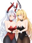 2girls absurdres alternate_costume azur_lane bow bowtie breasts center_opening cleavage cowboy_shot cross english_commentary heart heart_hands highres iron_cross large_breasts leotard long_hair multiple_girls nights_viper north_carolina_(azur_lane) north_carolina_(the_heart&#039;s_desire)_(azur_lane) official_alternate_costume pantyhose playboy_bunny prinz_eugen_(azur_lane) simple_background strapless strapless_leotard white_background wrist_cuffs 
