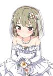  1girl bare_shoulders blush bracelet breasts bridal_veil character_name closed_mouth collarbone dot_nose dress earrings elbow_gloves fidgeting flower flower_earrings frilled_dress frills gloves green_hair hair_flower hair_ornament hands_up idolmaster idolmaster_million_live! idolmaster_million_live!_theater_days jewelry kuresuku_(lessons) lace-trimmed_gloves lace_trim layered_dress looking_at_viewer nagayoshi_subaru necklace pearl_bracelet pearl_necklace red_eyes short_hair shy simple_background small_breasts solo strapless strapless_dress veil wedding_dress white_background white_dress white_flower white_gloves 