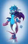  2018 3_toes 4_fingers absurd_res anthro blue_body blue_hair cape clawed_fingers claws clothing detailed_background dragon feet female fingers hair hi_res horn kiaun open_mouth pose purple_eyes sifyro solo toe_claws toes tongue wand wings 