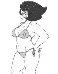  1girl bikini breasts collarbone commentary_request from_side glasses greyscale hand_on_own_hip highres knees logo medium_hair monochrome navel nutkingcall open_mouth plump pokemon pokemon_(game) pokemon_sm side-tie_bikini_bottom simple_background smile solo swimsuit wicke_(pokemon) 