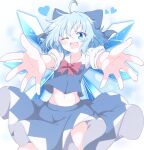  1girl ahoge blue_bow blue_eyes blue_hair blue_skirt blue_vest blush bow cirno cirno_day collarbone do_(4-rt) fairy foreshortening hair_bow heart highres ice ice_wings navel one_eye_closed open_mouth reaching reaching_towards_viewer short_hair short_sleeves skirt smile solo touhou vest wings 