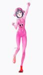  1girl :o absurdres alternate_costume arm_up black_choker black_eyes black_hair bleach bodysuit breasts choker clenched_hands covered_navel full_body highres kirby kirby_(series) kuchiki_rukia open_mouth pink_bodysuit red_footwear short_hair simple_background skin_tight small_breasts solo standing standing_on_one_leg waligner white_background 