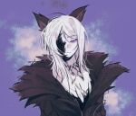  1girl animal_ears black_coat breasts cleavage closed_mouth coat commentary_request faust_(limbus_company) fur_coat limbus_company looking_at_viewer lowres medium_breasts medium_hair project_moon purple_eyes sanpaku solo upper_body vvindyday white_hair wolf_ears wolf_girl 