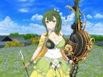  1girl architecture arrow_(projectile) bare_shoulders black_ribbon blue_eyes blue_flower blue_sky blush bow bow_(weapon) breasts building chinese_knot city cleavage closed_mouth cloud collar collarbone compound_bow day detached_collar dress east_asian_architecture emblem field floral_print flower flower_field forest gloves grass green_bow green_dress green_hair green_tassel hair_ribbon hiyori_(senran_kagura) holding holding_arrow holding_bow_(weapon) holding_weapon jacket large_breasts looking_at_viewer medium_hair mountainous_horizon muneate nature official_art outdoors partially_fingerless_gloves plant ponytail purple_bow ribbon ribbon_trim senran_kagura senran_kagura_new_link shiny_skin shirt sky skyscraper sleeveless sleeveless_jacket smile solo standing tassel tree weapon white_collar white_shirt yaegashi_nan yellow_jacket yugake 