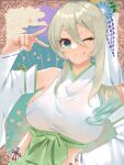  1girl ;q aqua_eyes bare_shoulders blonde_hair blush breasts detached_sleeves double-parted_bangs flower_knot green_eyes green_hakama green_skirt hair_between_eyes hair_ornament hakama hakama_skirt hand_on_own_hip hip_vent indie_virtual_youtuber japanese_clothes kanzashi large_breasts long_hair looking_at_viewer nanamiya_nako nontraditional_miko one_eye_closed panties side-tie_panties side_ponytail sideboob sidelocks skirt sleeveless solo sunao_na_kapipara tongue tongue_out underwear virtual_youtuber volleyball wide_sleeves 