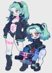  1girl :d black_bra black_headwear black_jacket black_panties boots bra breasts chibi collarbone colored_sclera commentary_request cyberpunk_(series) cyberpunk_edgerunners fang forehead green_hair grey_background gun hands_in_pockets holding holding_gun holding_weapon jacket long_sleeves multiple_views navel open_clothes open_jacket panties parted_bangs puffy_long_sleeves puffy_sleeves rebecca_(cyberpunk) red_eyes red_sclera simple_background slammo small_breasts smile standing strapless strapless_bra thick_eyebrows twintails underwear v-shaped_eyebrows weapon weapon_request 