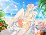 1girl beach beach_chair blue_sky bow bra breasts cleavage day elbow_gloves falling_petals feet flower foot_out_of_frame gloves hair_bow knee_up large_breasts legs looking_at_viewer miyabi_(senran_kagura) no_shoes nontraditional_wedding_dress official_alternate_costume official_art on_chair orange_flower outdoors palm_tree panties petals pink_bow pink_flower plant purple_flower red_flower senran_kagura senran_kagura_new_link short_hair sitting sky solo thighhighs toes tree underwear water white_bra white_gloves white_hair white_panties white_thighhighs yellow_eyes 