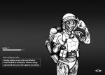  2023 anthro armor backpack bethesda_softworks black_and_white canid canine canis clothing domestic_dog english_text fallout female ghoul_(fallout) headgear helmet hi_res hladilnik loading_bar loading_screen mammal military_helmet military_uniform monochrome radiation radiation_burn samantha_thott smile solo text undead uniform 
