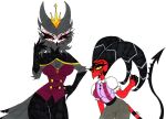  2022 anthro avian bird breasts cash_buckzo clothing crossgender demon duo fangs feathers female female/female fur grey_body grey_feathers helluva_boss hi_res horn imp mammal mature_female open_mouth open_smile owl owl_demon paimon_(helluva_boss) red_body simple_background skeleslay smile teeth thick_thighs tongue traditional_media_(artwork) white_background 