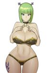  1girl absurdres bare_arms bare_shoulders bikini blunt_bangs bob_cut brandish_mu breasts brown_hair chain cleavage collar collarbone commentary crop_top cropped_legs cross cross_earrings cross_hair_ornament doublehero earrings fairy_tail green_eyes green_hair hair_ornament half-closed_eyes hands_on_own_chest highres jewelry large_breasts legs looking_at_viewer navel o-ring o-ring_bikini parted_lips short_hair shorts simple_background solo standing swimsuit thick_thighs thighs white_background white_shorts 