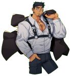  1boy absurdres bags_under_eyes bara chest_belt cigarette cropped_legs dark-skinned_male dark_skin facial_hair highres jacket jacket_over_shoulder jacket_removed jitome large_pectorals looking_to_the_side male_focus mature_male muscular muscular_male navel original pectoral_cleavage pectorals raised_eyebrow short_hair sideburns_stubble smoking solo sparse_chest_hair sparse_stubble stomach stubble thick_eyebrows ttn_(239_239) veins veiny_arms 
