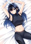  1girl absurdres armpits arms_up bare_arms bare_shoulders bed_sheet black_pants black_shirt blue_archive blue_eyes blue_hair breasts commentary_request cowboy_shot crop_top hair_between_eyes highres kipdrew large_breasts leggings long_hair looking_at_viewer lying midriff navel on_back pants saori_(blue_archive) shirt sleeveless sleeveless_shirt solo stomach thighs 