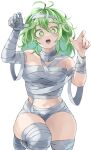  1girl absurdres bandages boku_no_hero_academia claw_pose fengling_(furin-jp) green_eyes green_hair hagakure_tooru halloween_costume hands_up highres long_hair looking_at_viewer messy_hair mummy mummy_costume naked_bandage navel sarashi simple_background solo unusually_visible white_background 