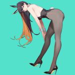  1girl animal_ears aqua_background bent_over black_footwear black_leotard breasts choppy_bangs collar detached_collar fake_animal_ears fake_tail grey_pantyhose hand_on_own_knee high_heels highres komi-san_wa_komyushou_desu komi_shouko leotard long_hair looking_at_viewer medium_breasts miyazakisoul pantyhose playboy_bunny purple_eyes purple_hair rabbit_ears rabbit_tail sideboob standing stiletto_heels tail very_long_hair white_collar white_wrist_cuffs wrist_cuffs 