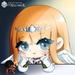  1girl absurdres angel_wings blonde_hair calca_bessarez chibi crown dress grey_eyes highres non-web_source orb overlord_(maruyama) queen smile white_dress wings 