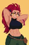  abs armlet belt belt_pouch breasts dithered_background earrings fangs green_pants highres jewelry minimilieu muscular muscular_female original pants pixel_art pointy_ears ponytail pouch red_hair slit_pupils smile spiked_hair tank_top yellow_background yellow_eyes 