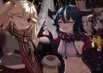  3girls azur_lane bar_(place) black_cape black_gloves black_hair blonde_hair bluecher_(azur_lane) bodystocking breasts bruenhilde_(azur_lane) cake cape closed_eyes cross food gloves hair_between_eyes highres holding holding_cake holding_food indoors iron_cross jacket long_hair looking_at_viewer manjuu_(azur_lane) medium_breasts midriff midriff_peek minus-low multicolored_clothes multicolored_hair multicolored_jacket multicolored_scarf multiple_girls one_eye_closed partially_fingerless_gloves plaid plaid_skirt red_eyes red_scarf red_skirt scarf sharp_teeth short_hair sitting skirt small_breasts smile split-color_hair stomach teeth twintails two-tone_gloves two-tone_hair two-tone_jacket very_long_hair white_hair z16_(azur_lane) 