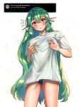  1girl ? ^^^ absurdres amattoart blue_panties blush breasts cowboy_shot finana_ryugu green_hair hair_between_eyes highres long_shirt looking_at_viewer nijisanji nijisanji_en panties red_eyes shirt solo standing tweet underwear virtual_youtuber white_shirt 