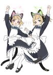  ! !! 2girls :3 animal_ear_headphones animal_ears apron black_dress blonde_hair blue_archive blue_ribbon blunt_bangs bow cat_ear_headphones cat_tail collared_dress commentary dress expressionless fake_animal_ears fake_tail floating_hair frilled_dress frills full_body gomibako_(gomibako_price) green_eyes headphones highres jumping long_sleeves looking_at_viewer maid maid_apron maid_headdress mary_janes midori_(blue_archive) midori_(maid)_(blue_archive) momoi_(blue_archive) momoi_(maid)_(blue_archive) multiple_girls neck_ribbon official_alternate_costume pantyhose pink_eyes raised_eyebrows raised_fist ribbon shoes short_ponytail short_twintails siblings sisters smile tail twintails v-shaped_eyebrows waist_bow white_background white_bow white_pantyhose 