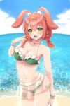  1girl absurdres animal_ears beach bikini blush braid four-leaf_clover_necklace green_bikini green_eyes green_nails highres indie_virtual_youtuber low_twintails open_mouth orange_hair pal_ikki rabbit_ears short_twintails side_braid smile solo swimsuit twintails virtual_youtuber water wrist_cuffs yotsuba_shiha 