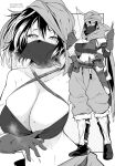  1girl blush breasts cleavage commentary_request full_body gloves grey_background greyscale highres kichihachi large_breasts looking_at_viewer mask monochrome mouth_mask multiple_views original short_hair standing two-tone_background white_background 