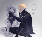  1boy 1girl bandaged_arm bandaged_hand bandages bandaid bandaid_on_face bandaid_on_leg bandaid_on_shoulder black_jacket black_shirt blank_speech_bubble blonde_hair bruise bruise_on_face grey_eyes grey_hair hair_between_eyes highres injury jacket lee_(punishing:_gray_raven) long_hair mao_(expuella) mechanical_arms mechanical_legs messy_hair original punishing:_gray_raven shirt sleeveless sleeveless_shirt speech_bubble 