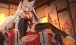  1girl :d absurdres animal_ears asanagi_(azur_lane) azur_lane bare_shoulders barefoot blush breasts cameltoe cleavage_cutout clothing_cutout detached_sleeves elbow_gloves fangs fingerless_gloves fox_ears fox_girl fox_tail full_body gloves hand_up highres indoors jeze long_hair looking_at_viewer navel navel_cutout ribbon-trimmed_sleeves ribbon_trim sitting skindentation slit_pupils small_breasts smile solo spread_legs tail thighhighs thighs twintails very_long_hair white_hair wide_sleeves yellow_eyes 
