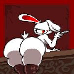  1:1 2023 animal_humanoid animated annoyed anus bent_over big_butt bloody_bunny bloody_bunny_(series) border breasts butt butt_focus clothing digital_media_(artwork) female genitals holding_object huge_butt humanoid jiggling knife lagomorph lagomorph_humanoid legwear looking_back loop mammal mammal_humanoid nude one_ear_up one_eye_closed pixel_(artwork) pixel_animation presenting presenting_hindquarters pussy red_background red_eyes signature simple_background solo splatter stitch_(sewing) tally_marks thigh_highs toilet_man white_body white_breasts white_butt 