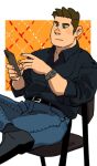  1boy bara belt blush_stickers collared_shirt denim holding holding_phone jeans just_do_sex_(unspoken) long_sideburns male_focus on_chair pants phone shin_taeho_(unspoken) shirt shirt_tucked_in short_hair sideburns sitting solo thick_eyebrows unspoken_(firebreath110) watch wristwatch 