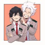  2boys bags_under_eyes bandaid bandaid_on_face bandaid_on_nose black_hair boku_no_hero_academia border cheek_pull closed_mouth collared_shirt crossed_arms eraser_head_(boku_no_hero_academia) fingernails grey_border grey_jacket grin jacket loud_cloud male_focus multiple_boys necktie nostrils pocket red_necktie rnuyvm school_uniform shirt short_hair smile socks white_hair white_shirt white_socks 