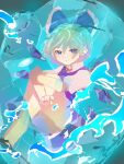  1girl aqua_hair bare_legs barefoot blue_bow blue_eyes blue_ribbon bow cirno closed_mouth hair_between_eyes hair_ornament hair_ribbon ice legs_together looking_at_viewer ribbon short_hair sidelocks sitting toes touhou user_pxaw4585 