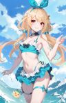  1girl absurdres alternate_costume alternate_hairstyle bikini blonde_hair choker fairy_wings frills hair_ornament highres kujou_ichiso long_hair looking_at_viewer navel nijisanji nijisanji_en ocean pointy_ears pomu_rainpuff pomudachi_(pomu_rainpuff) red_eyes ribbon skindentation smile solo swimsuit thigh_strap twintails virtual_youtuber wings 