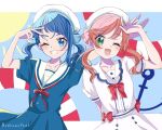  2girls ;d blue_dress blue_eyes blue_hair blush bow commentary_request dress eyelashes green_eyes happy highres hirogaru_sky!_precure long_hair looking_at_viewer low_twintails md5_mismatch multiple_girls nijigaoka_mashiro one_eye_closed open_mouth pink_hair precure ribbon sailor_dress sakumupre5 smile sora_harewataru standing twintails twitter_username white_dress 