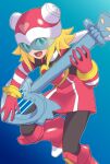  1girl :d black_bodysuit blonde_hair blue_background bodysuit dress green_eyes guitar harp_note_(mega_man) heart helmet highres holding holding_instrument inemuri-george-guren-san instrument looking_at_viewer mega_man_(series) mega_man_star_force open_mouth pink_dress pink_headwear short_hair smile solo sonia_strumm_(mega_man) teeth upper_teeth_only 